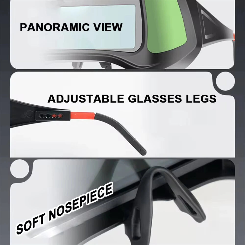 Auto Darkening Welding Goggles Large View Screen Intelligent Dimming Protective Glasses Solar-Powered Adjustable Comfortable Fit for Arc Welding Cutting Grinding Polycarbonate Material