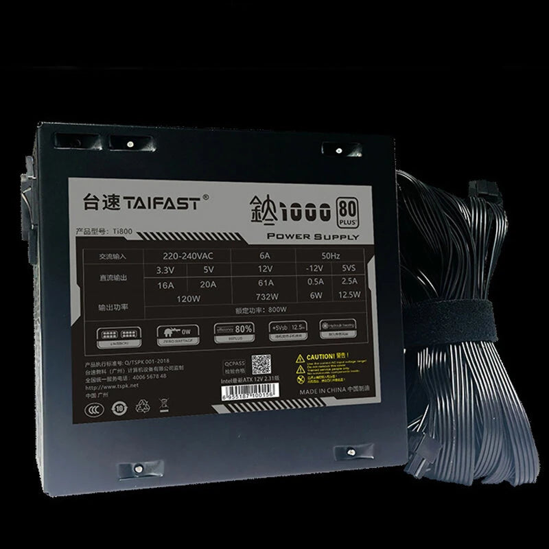 TAIFAST TI800 800W ATX Desktop Computer Power Supply 80 Plus Efficiency Certificated Active PFC Support Dual CPU for Gaming PC High Performance