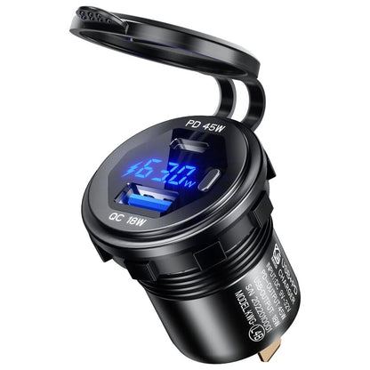 12-24V 63W Metal Car Charger Socket 45W PD + 18W QC3.0 with LED Voltage/Power Display ON/OFF Switch for SUV Motorcycle Truck Boat ATV
