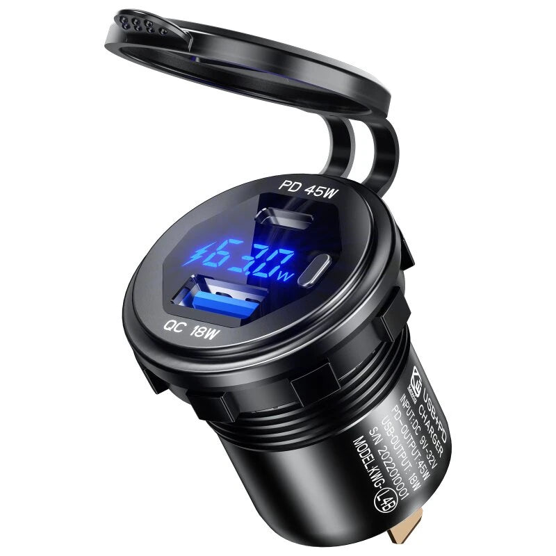 12-24V 63W Metal Car Charger Socket 45W PD + 18W QC3.0 with LED Voltage/Power Display ON/OFF Switch for SUV Motorcycle Truck Boat ATV
