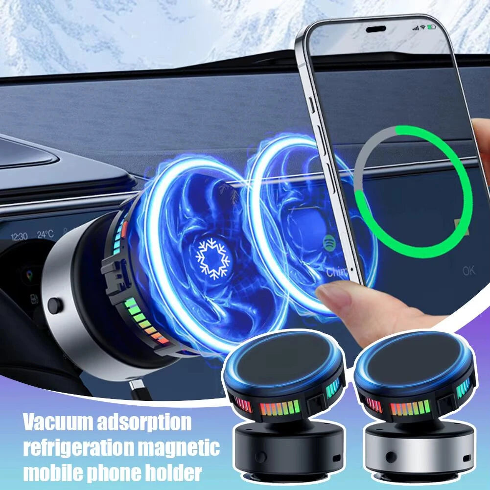Wireless Charger Vacuum Magnetic, Active Cooling 15W Car Mount Charger with RGB Light Phone Holder Compatible with Magsafe