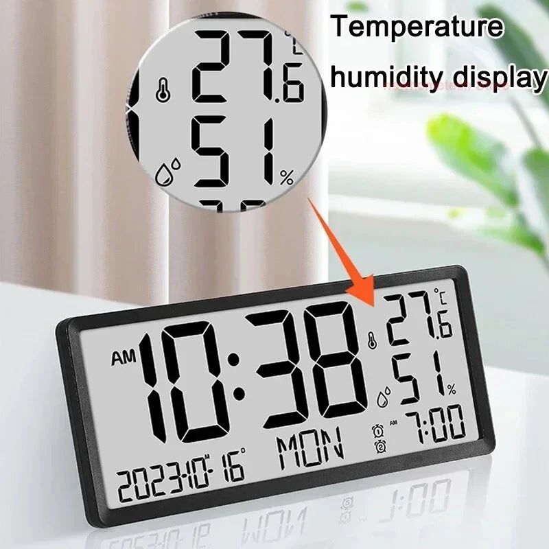 Large LCD Digital Wall Clock Temperature Humidity Display Alarm Clock Hanging/Desktop Digital Clock Plugged in Electronic Desktop Clock for Home and Offices