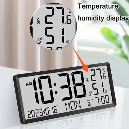 Large LCD Digital Wall Clock Temperature Humidity Display Alarm Clock Hanging/Desktop Digital Clock Plugged in Electronic Desktop Clock for Home and Offices