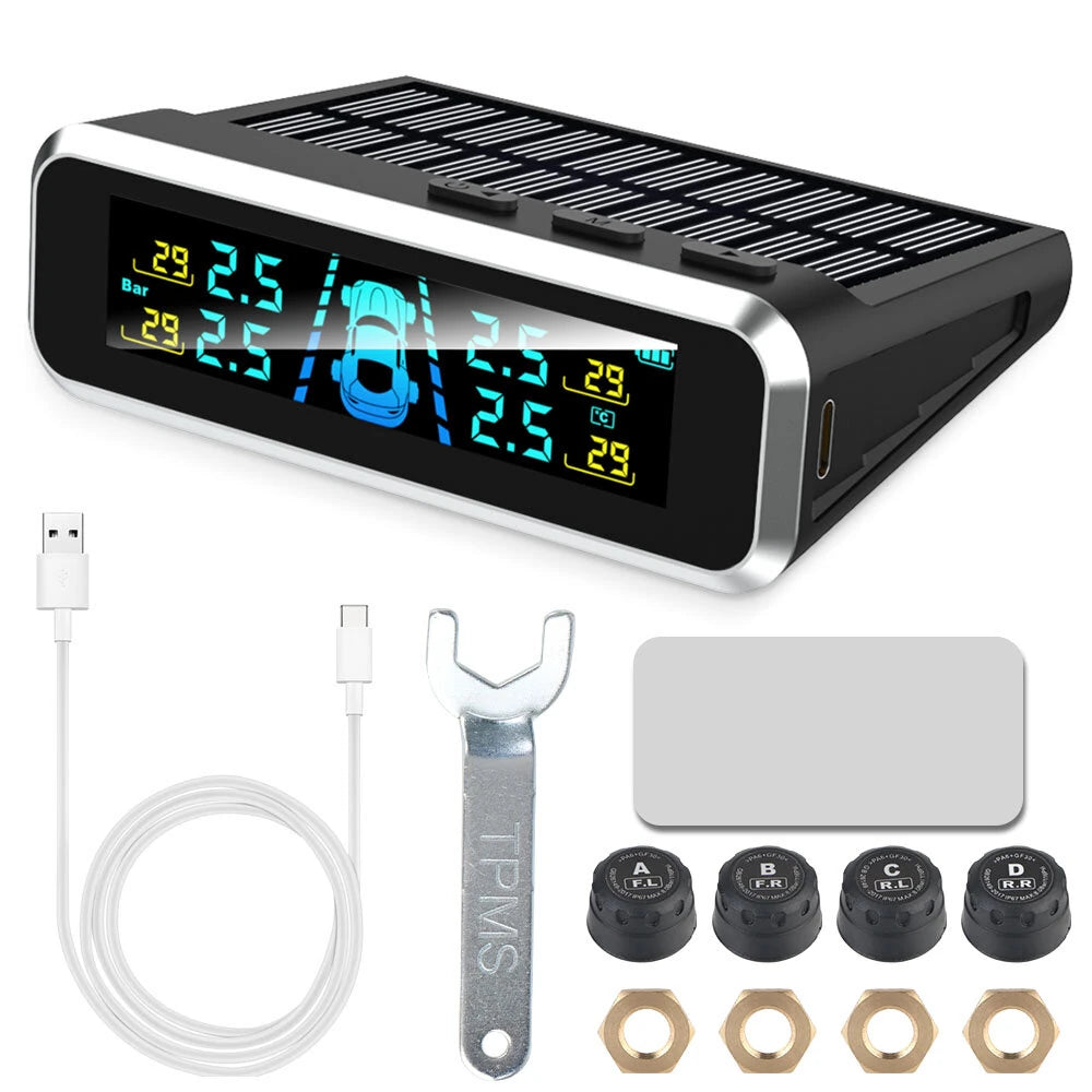 Solar Charging TPMS Car Tire Pressure Monitoring System Digital LCD Display Four-wheel Pressure Real-time Monitorings