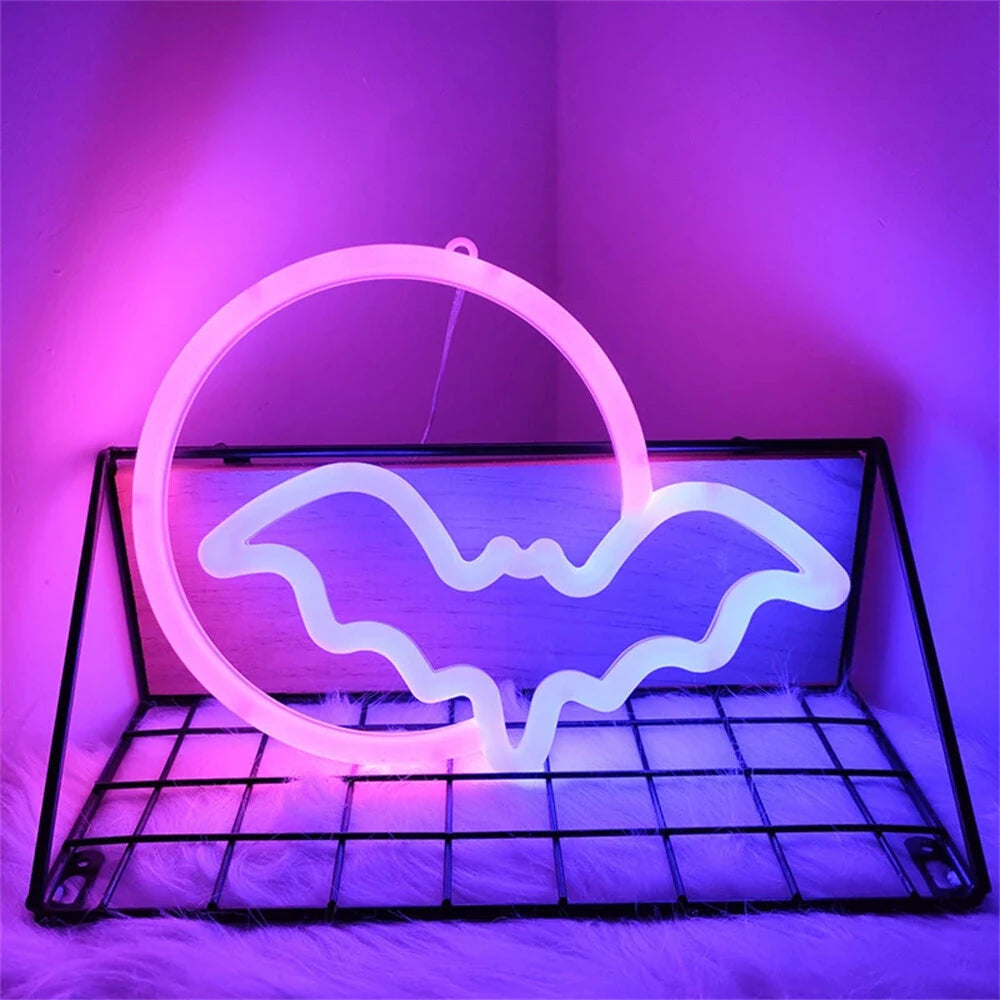 Halloween Bat Moon Neon Sign LED Light USB or Battery Powered IP42 Waterproof Festive Wall and Table Decor