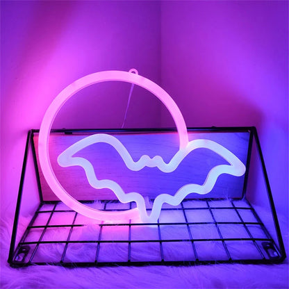 Halloween Bat Moon Neon Sign LED Light USB or Battery Powered IP42 Waterproof Festive Wall and Table Decor