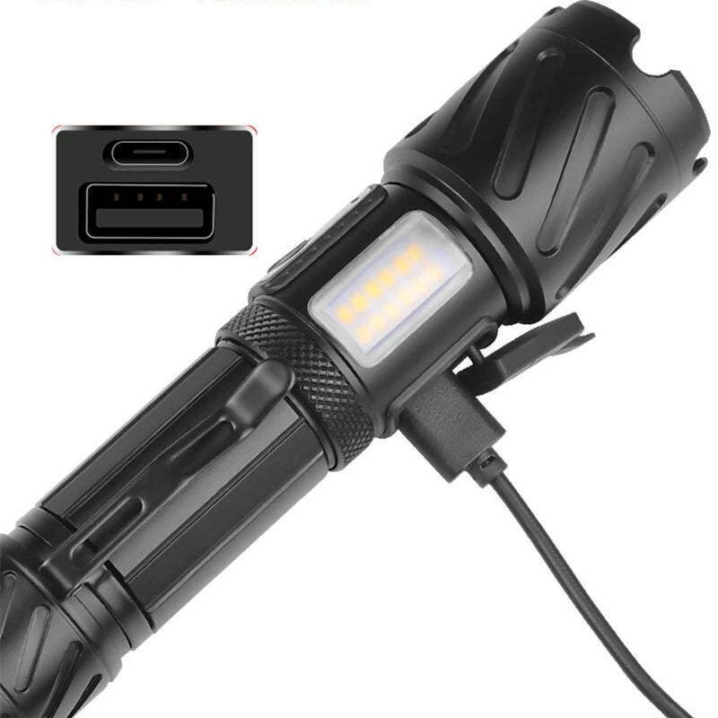 Bikight  Powerful Zoomable Flashlight with COB Sidelight with 18650 Battery Magnet Tail, High Power Tactical Torch USB Rechargeable LED Lantern