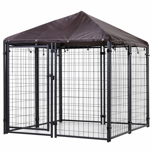 PawGiant Large Dog Kennel Outdoor Dog House with Roof 4ft x 4.2ft x 4.45ft Heavy Duty Metal for Large to Small Dog, Outside Dog Kennel Pet Crate Cage Playpen with UV-Proof Waterproof Cover