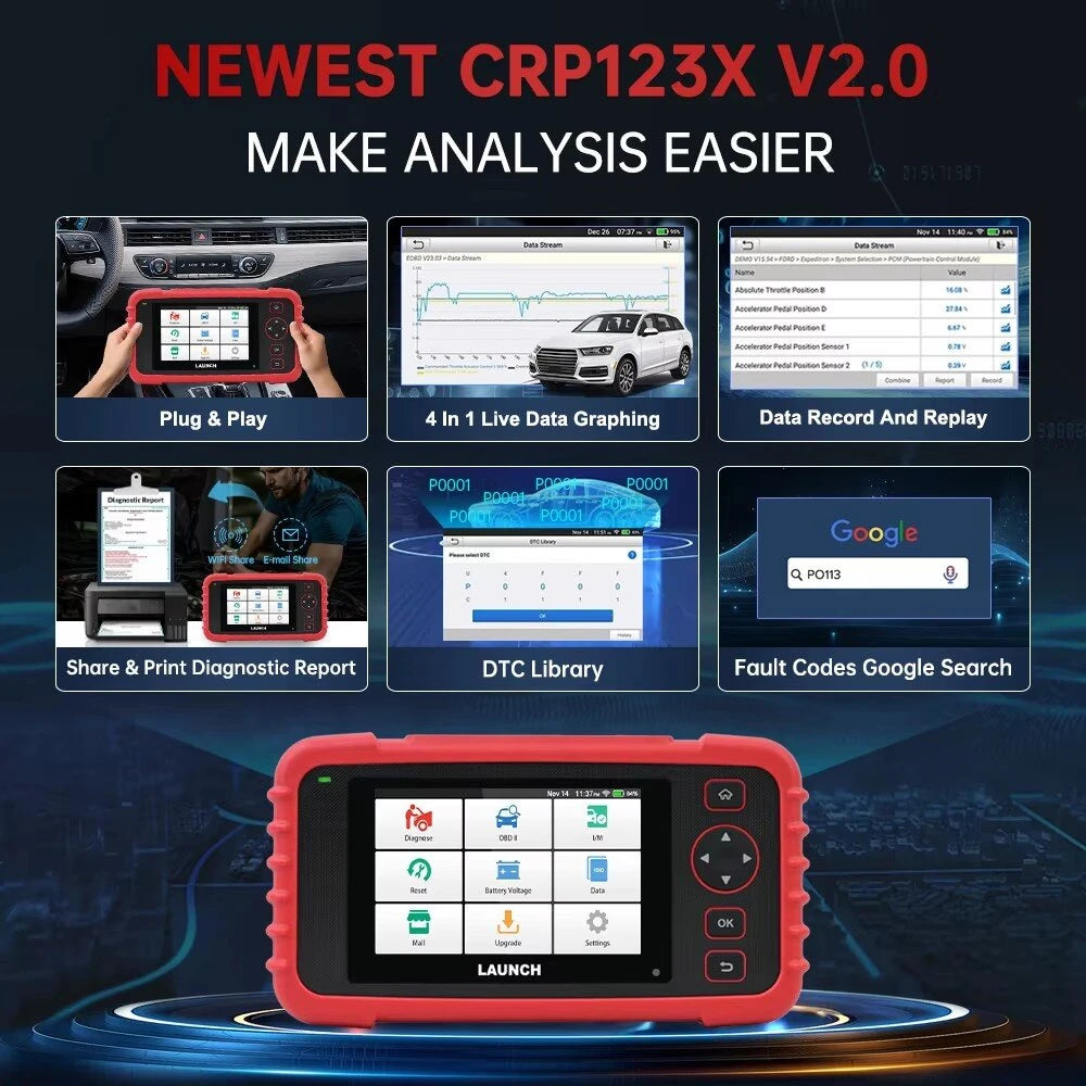 LAUNCH CRP123X V2.0 Car OBD2 Diagnostic Tools OBD II Scanner Engine ABS Airbag SRS AT Code Reader Free Update Automotive Tools