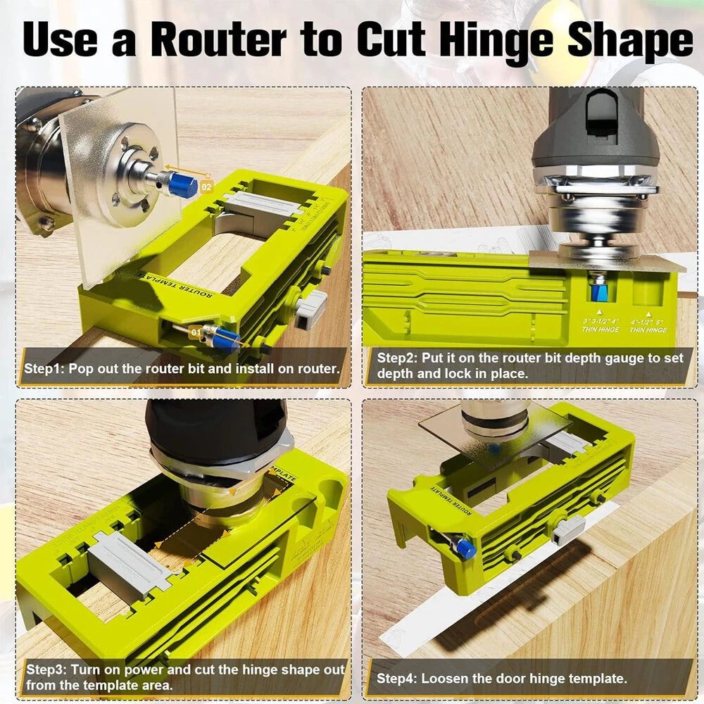Door Hinge Mortiser Hinge Installation Kit Router Template fits 3in to 5in Hinges Square Semidiameter Corners Adjustable Depth Easy to Use Plastic Construction