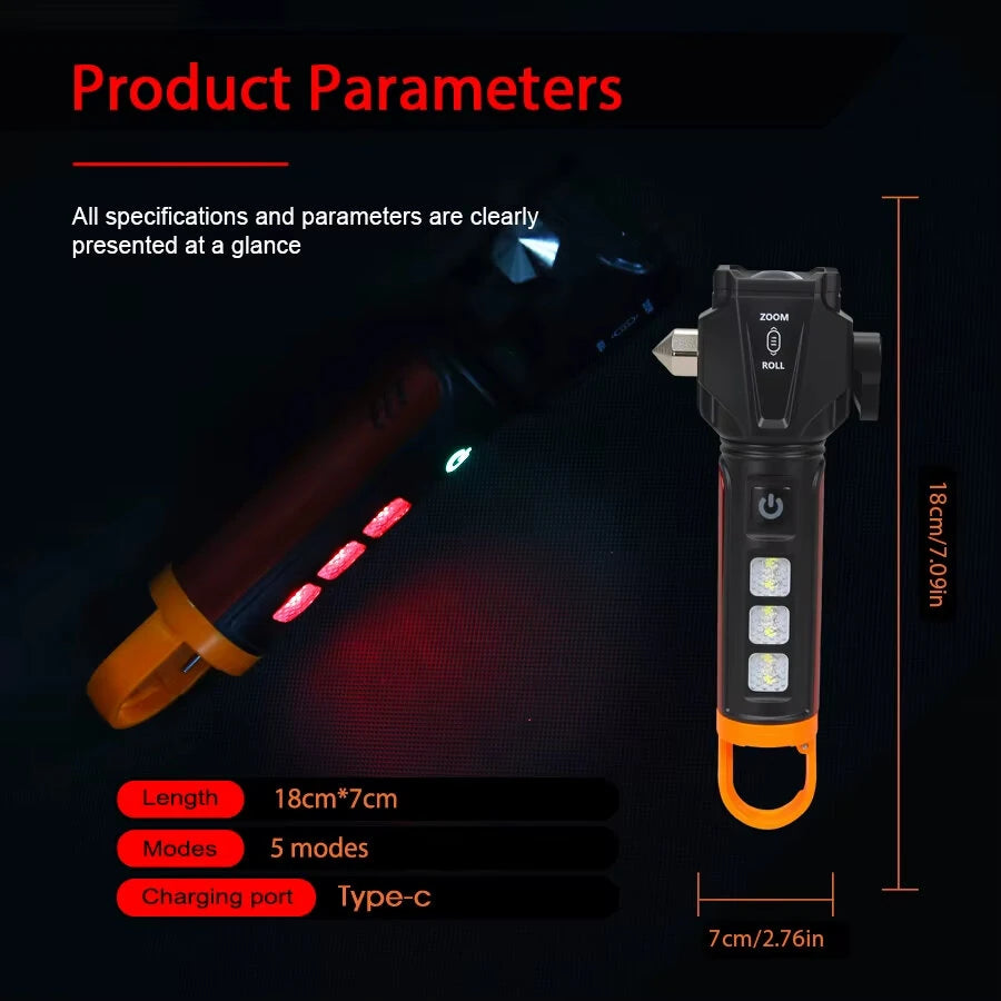 BL-X90 Zoom Handheld Flashlight with Dual Light Source Safety Hammer & Seat Belt Cutter USB-C Rechargeable Waterproof for Car Emergency Outdoor Tactical Lamp with Hook