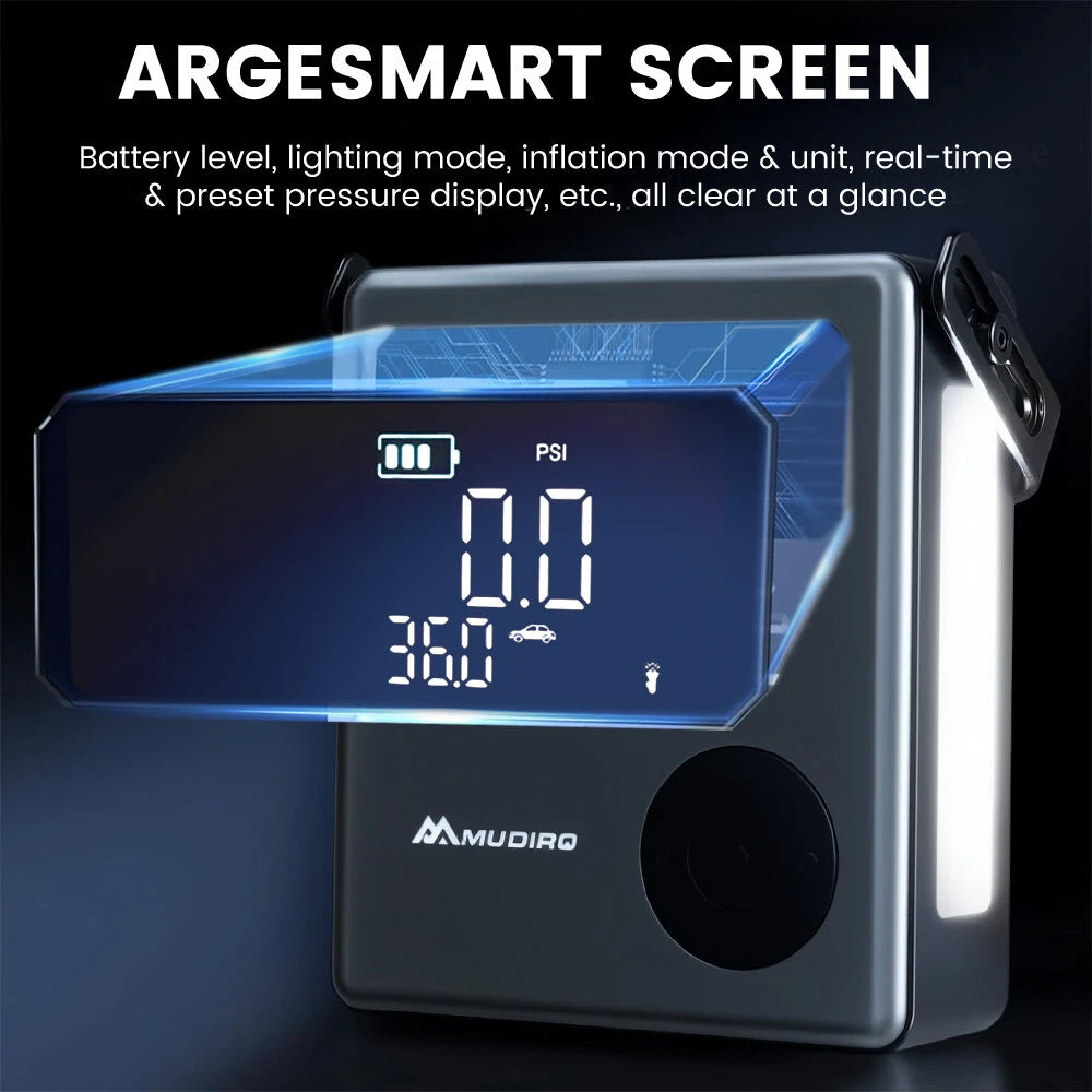 MUDIRO M-JC6 7000A Car Jump Starter with Air Compressor 150PSI PD65W Fast Charge 2 LED Lights Smart Display for Cars Motorcycles 10L Diesel Engines