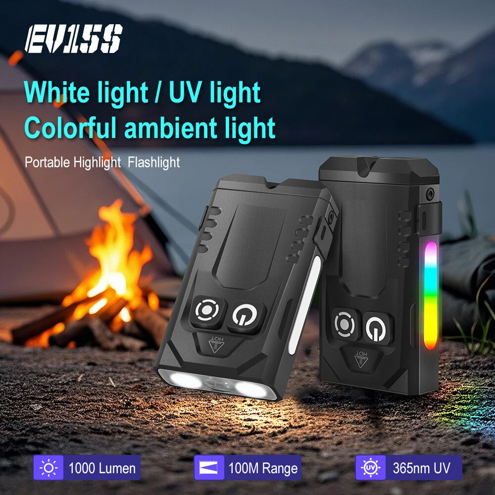 SEEKNITE EV15S 1000LM EDC Keychain Flashlight With 365nm UV Light Colored Sidelight Type-C Charging Super Bright Mini LED Torch Clip-on Light RGB Lamp Pocket Lantern