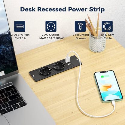 Table Socket with 2 USB 2 Sockets Built-in Socket 2-Way Installation Power Strip with 2 Screws for Kitchen Furniture or Worktops Recessed Socket 1.8 Cable16 A/3500 W