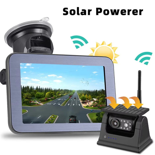 Wireless Solar Powered Backup Camera AHD 5 Inch Rear View Monitor Wide Angle Night Vision Long Range Transmission Waterproof