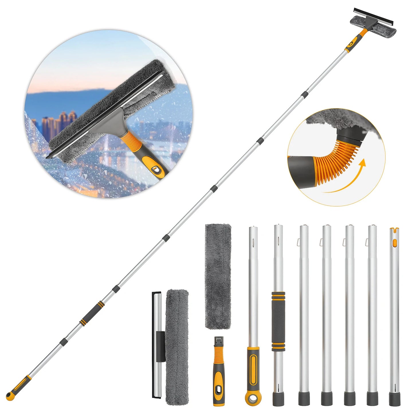 Professional Window Squeegee Cleaner, 2 in 1 Shower Squeegee with Extension Pole, 103 IN Telescopic Window Washing Equipment with Bendable Head, Glass Cleaning Tools for Indoor/Outdoor High Window