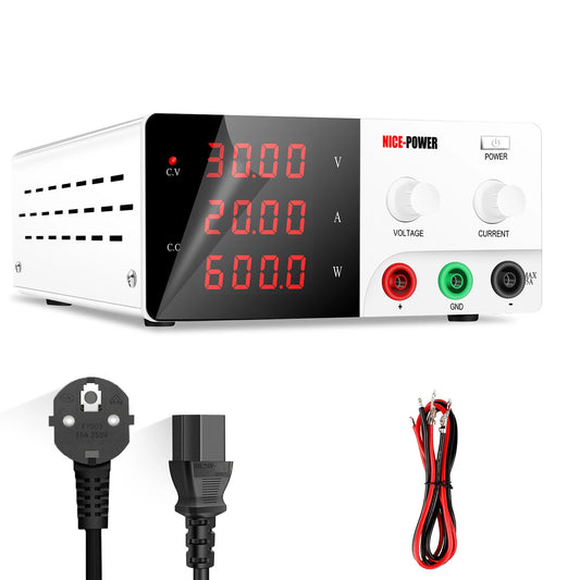 NICE-POWER R-SPS3020 Regulated DC Power Supply 0-30V 0-20A High-Power Output 600W with Smart Temperature Control Overload Protection Compact Portable Digital Calibration Technology for Reliable Performance