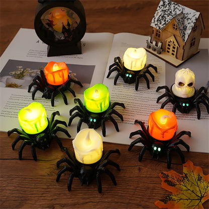 Elfeland 12PCS Halloween Spider Tea Lights with Glowing Eyes LED Flameless Spider Candle Halloween Decors with Skull & Eye Designs for Party Home Scary Atmosphere