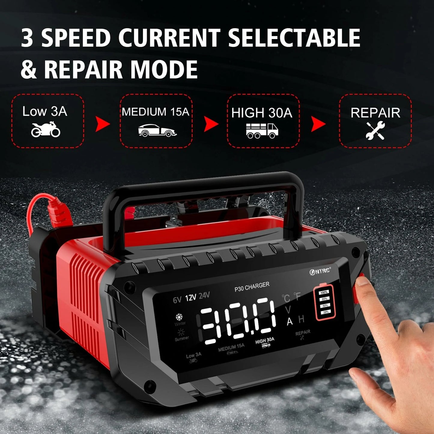 HTRC 6V 12V 24V 10A-30A Smart Repair Battery Maintainer Charger P30 Charging Charger for Car Motorcycle Boat Lead-Acid AGM Lithium LiFePo4 Battery