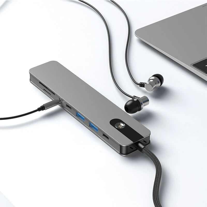 8-in-1 Type-C Docking Station USB Adapter with USB3.0*2 / Type-C 3.0 / PD100W / 4K60Hz HD / 3.5mm Audio / SD/TF Card Reader Slot Multiports USB Hubs