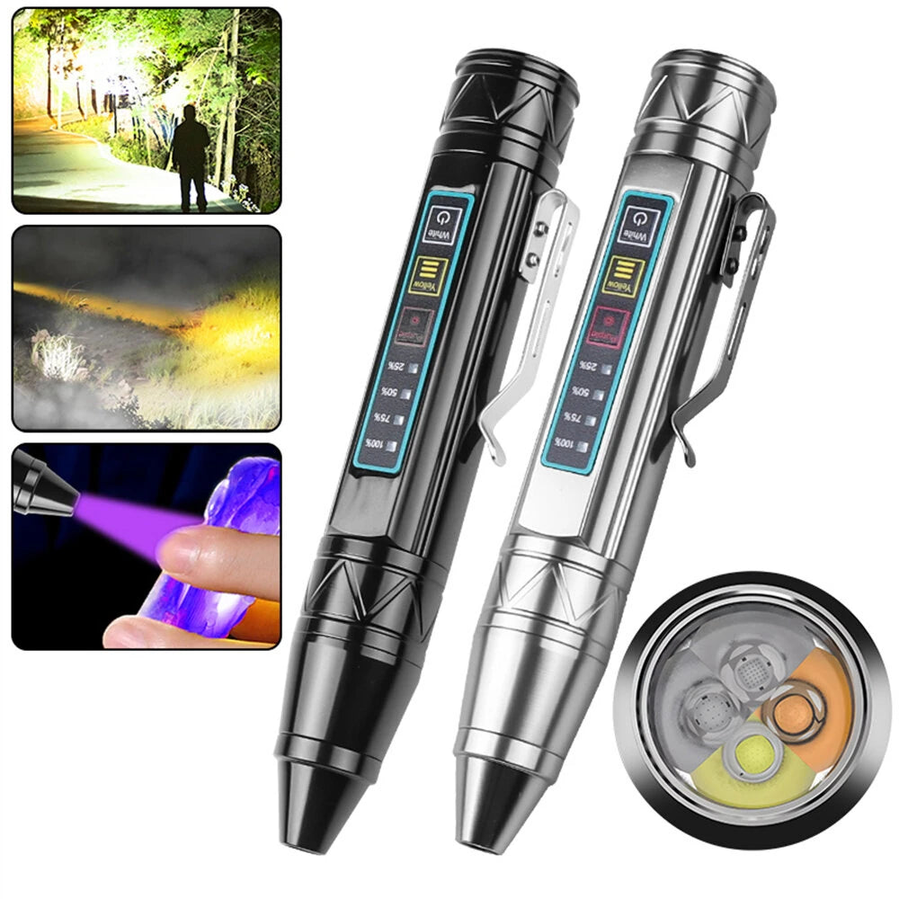 Bikight 4 LED Light Sources Pen Shape Flashlight 365nm+395nm+Yellow+White USB Rechargeable Money Pet Urine Ore Cat Fluorescent Marker Check UV Light Camping Light Inspection Light