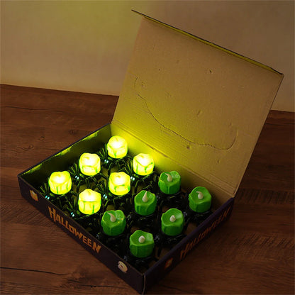 Elfeland 12PCS Halloween Spider Tea Lights with Glowing Eyes LED Flameless Spider Candle Halloween Decors with Skull & Eye Designs for Party Home Scary Atmosphere