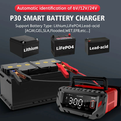 HTRC 6V 12V 24V 10A-30A Smart Repair Battery Maintainer Charger P30 Charging Charger for Car Motorcycle Boat Lead-Acid AGM Lithium LiFePo4 Battery
