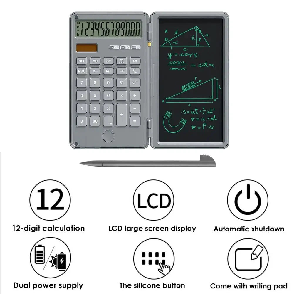 12 Digits Display Smart Calculator Handwriting Tablet Button Battery Solar Dual Power Supply Mini Scientific Calculator with Foldable Writing Tablet Financial Calculator Tablet Drawing Pad with Stylus Pen