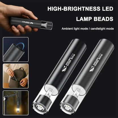 Smiling Shark 2in1 Strong Flashlight Multi-color Mood Light USB Rechargeable Built in Battery Multi Functional LED Torch, Portable For Outdoor Night Riding Camping Fishing Walking