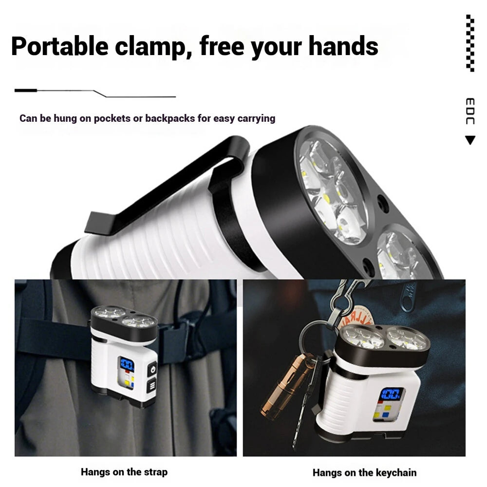 10*LED Strong Light Portable Keychain Flashlight Multi-Functional Magnetic Mini Clip Light USB Rechargeable Digital Display Waterproof Outdoor Red & Blue Warning Work Lamp Signal Camping EDC Tools