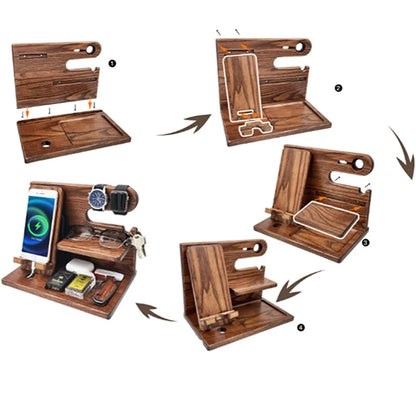 Multifunctional Desktop Charging Mobile Phone Holder Wooden Phone Storage Stand Key Holder Wallet Stand Watch Organizer
