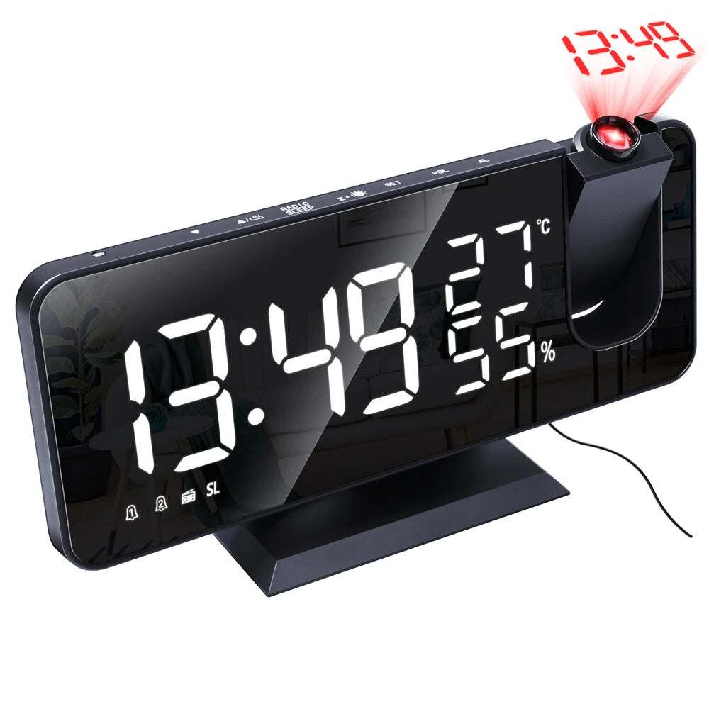 LED Mirror Alarm Clock Big Screen Temperature and Humidity Display with Radio and Time Projection Function Electronic Clock Rechargeable