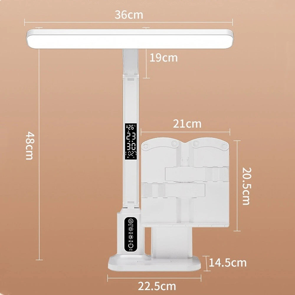 Elfeland LED Eye-Care Desk Lamp 3 Color Temperatures & 5-Level Brightness Dimmable USB Rechargeable 6000mAh With Clock & Thermometer Display Pen Holder Book Holder
