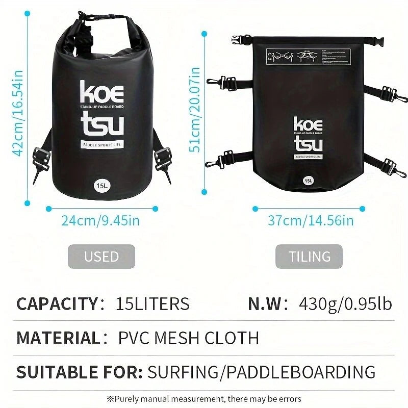 KOETSU 15L/3.96gal Waterproof Large Capacity Paddle Board Bag, For Secure Storage And Easy Carrying, Portable Lightweight Paddle Board Bag With Carry Handle, Travel Carrying Backpack