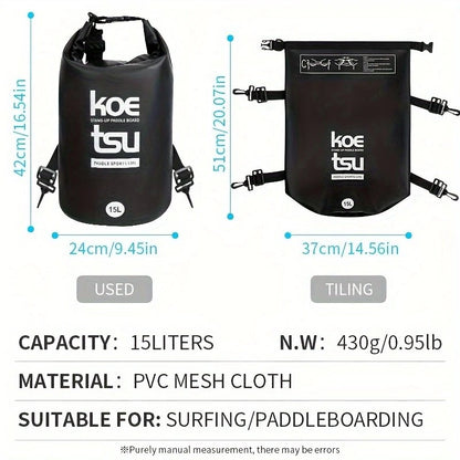 KOETSU 15L/3.96gal Waterproof Large Capacity Paddle Board Bag, For Secure Storage And Easy Carrying, Portable Lightweight Paddle Board Bag With Carry Handle, Travel Carrying Backpack