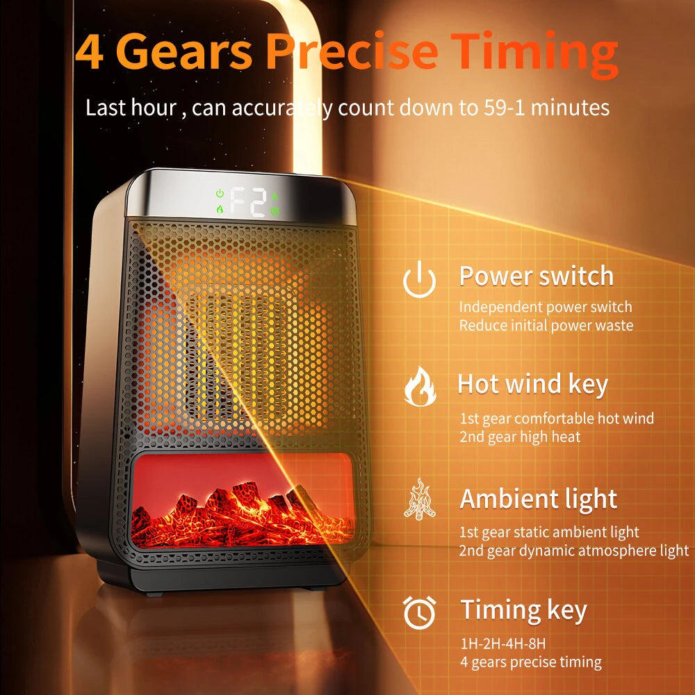 1500W 3D Dynamic Flame Heater PTC Rapid Heating Heater 2 Gear Hot Wind Ambient Light 4 Gears Timing Function for Home Office