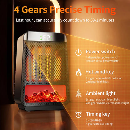 1500W 3D Dynamic Flame Heater PTC Rapid Heating Heater 2 Gear Hot Wind Ambient Light 4 Gears Timing Function for Home Office