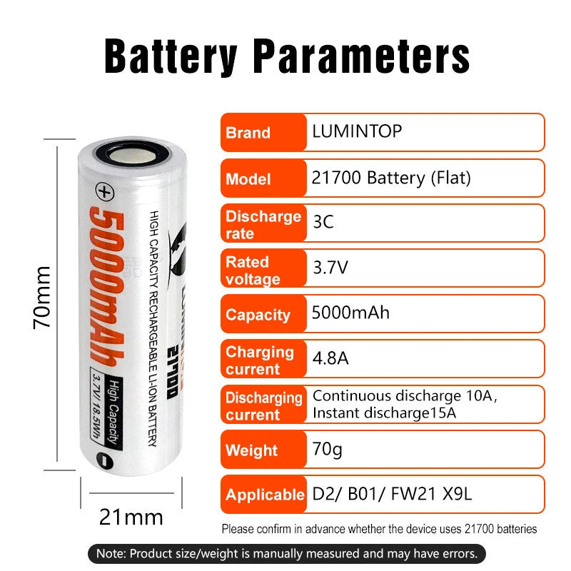 Lumintop 21700 Battery 5000mAh High Capacity Rechargeable Li-ion Cell 3.7V/18.5Wh Flashlight RC Home Tools Toys Batteries