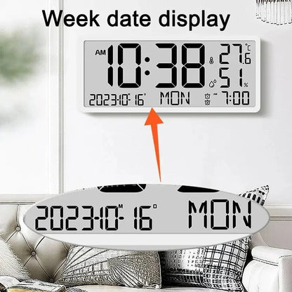 Large LCD Digital Wall Clock Temperature Humidity Display Alarm Clock Hanging/Desktop Digital Clock Plugged in Electronic Desktop Clock for Home and Offices