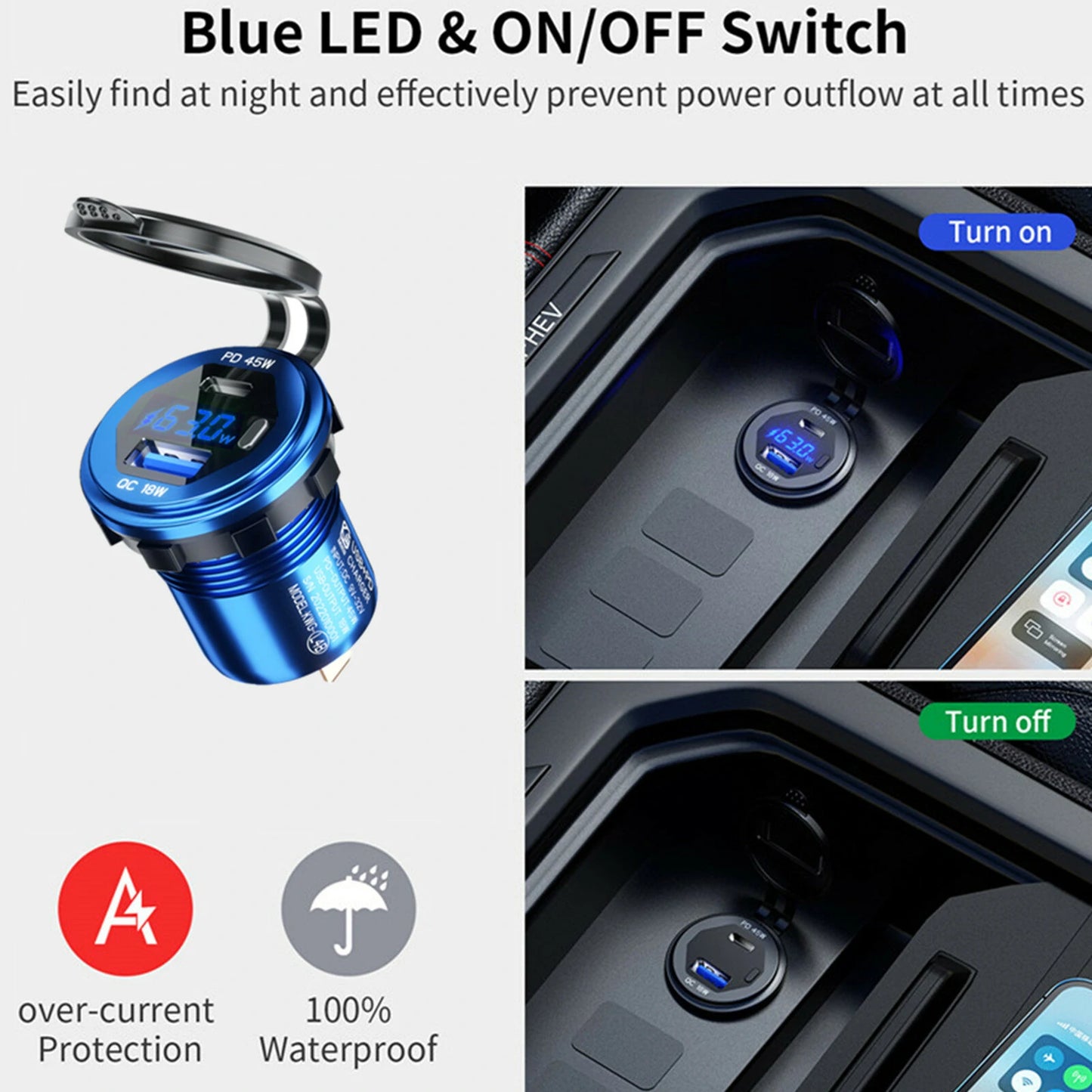 12-24V 63W Metal Car Charger Socket 45W PD + 18W QC3.0 with LED Voltage/Power Display ON/OFF Switch for SUV Motorcycle Truck Boat ATV