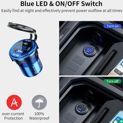 12-24V 63W Metal Car Charger Socket 45W PD + 18W QC3.0 with LED Voltage/Power Display ON/OFF Switch for SUV Motorcycle Truck Boat ATV