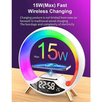 Multifunctional RGB LED Night Light Clock with Bluetooth Speaker Colorful Ambiance Lighting Wireless Charging Phone Fast Charging