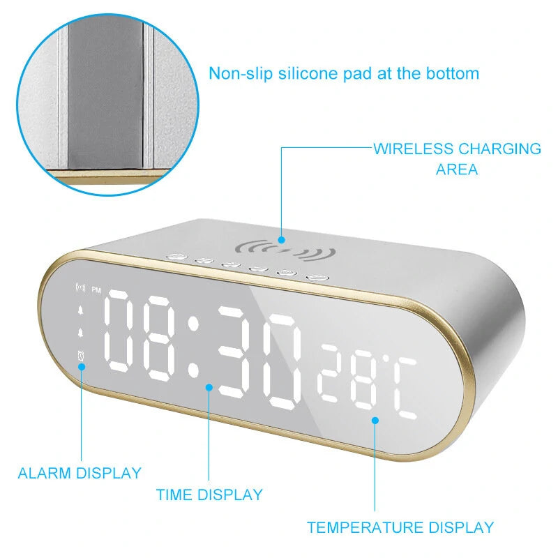 LED Mirror Digital Alarm Clock Support Phone Wireless Charging 2 Alarm Group Snooze Function Real-Time Temperature