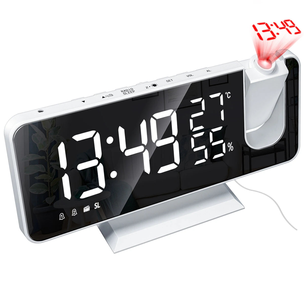 LED Mirror Alarm Clock Big Screen Temperature and Humidity Display with Radio and Time Projection Function Electronic Clock Rechargeable