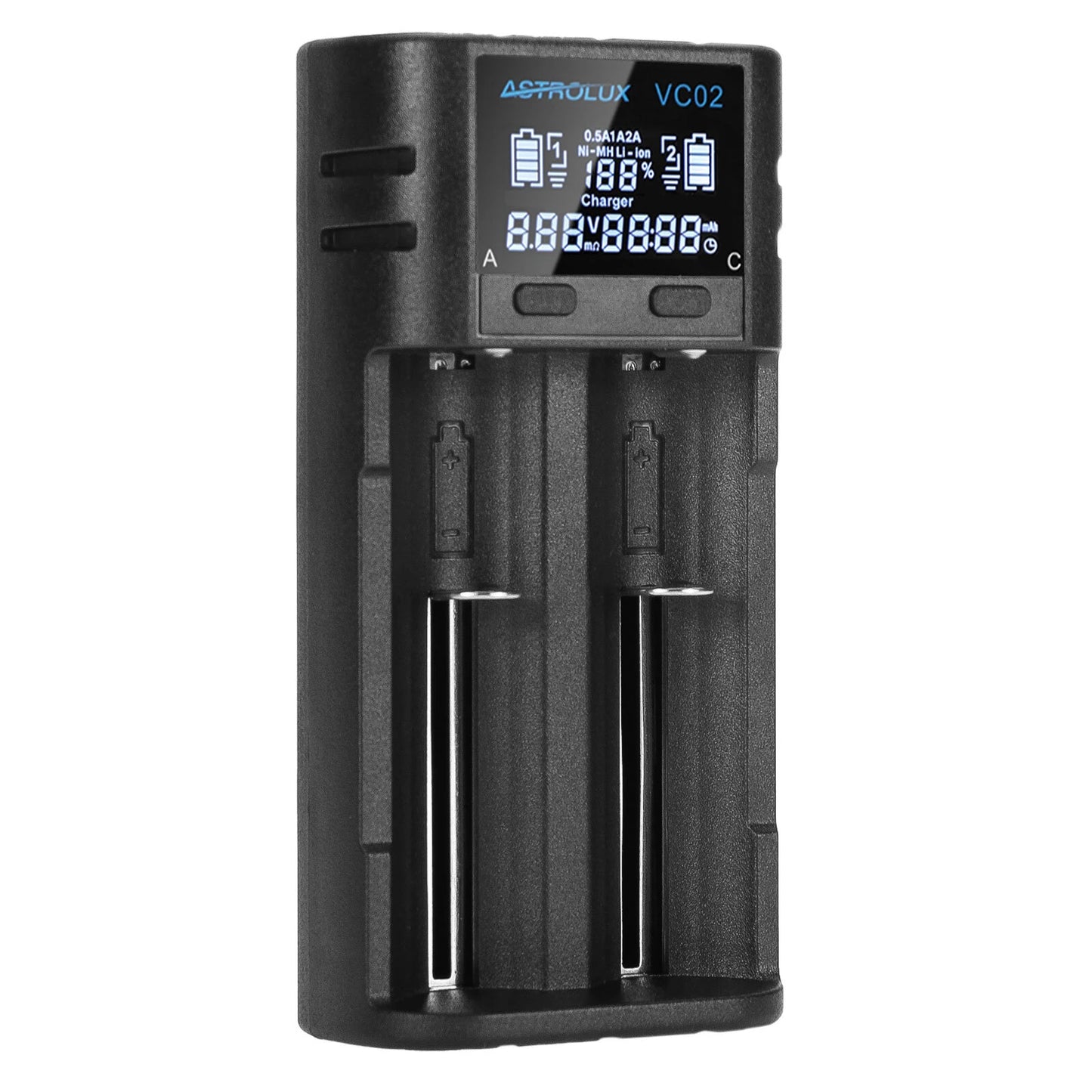 Astrolux VC02 Intelligent 2-Slot LCD Battery Charger Type-C 2A Quick Charge Mix-charging of 1.2V Ni-MH/Ni-CD AA/ AAA/ AAAA 3.6V/ 3.7V Li-ion/ IMR/ INR/ ICR 14500/ 18650/ 21700/26650 Battery For Cells Flashlight RC Toys Home Tools