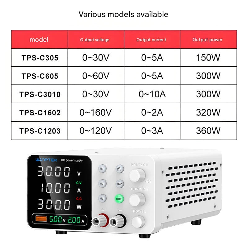 WAMPTEK Adjustable DC Power Supply TPS-C3010 150W 300W 320W 360W 0-160V Regulated Power Supply USB Fast Charge Overcurrent Protection Digital Display