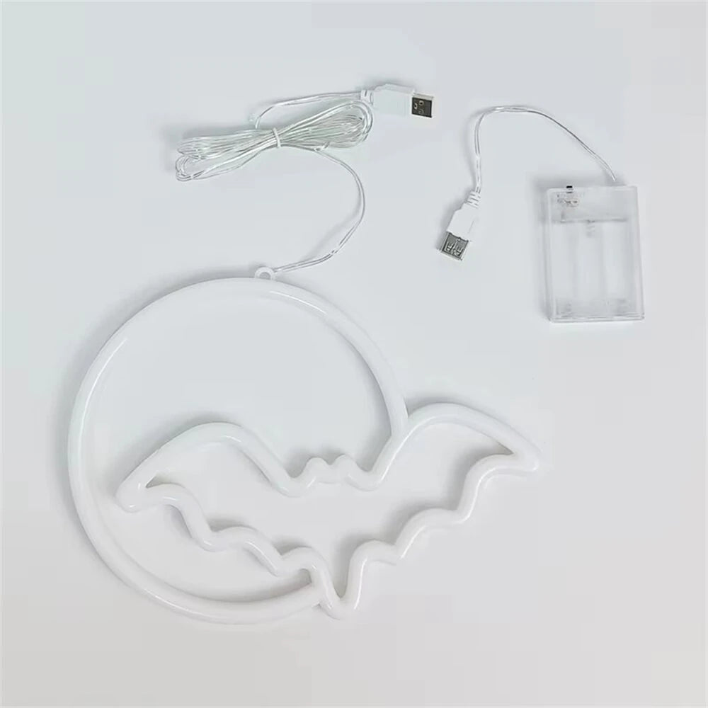 Halloween Bat Moon Neon Sign LED Light USB or Battery Powered IP42 Waterproof Festive Wall and Table Decor
