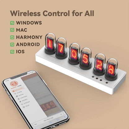 MiniIPS Multi-Function Wireless Control Smart Desktop Alarm Clock 6-Digit Color Screen Digital Clock Wifi Control Quasi-Glow Tube Alarm Clock Wireless Phone Table Decoration