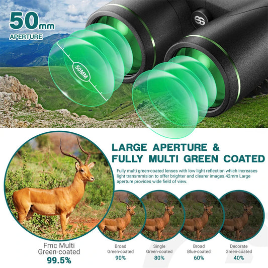 [EU Direct] ESSLNB ES3074 12X50 Binoculars Green Film FMC Waterproof Binoculars with Phone Adapter 22mm Large Eyepiece Compact Binoculars for Bird Watching Tracing