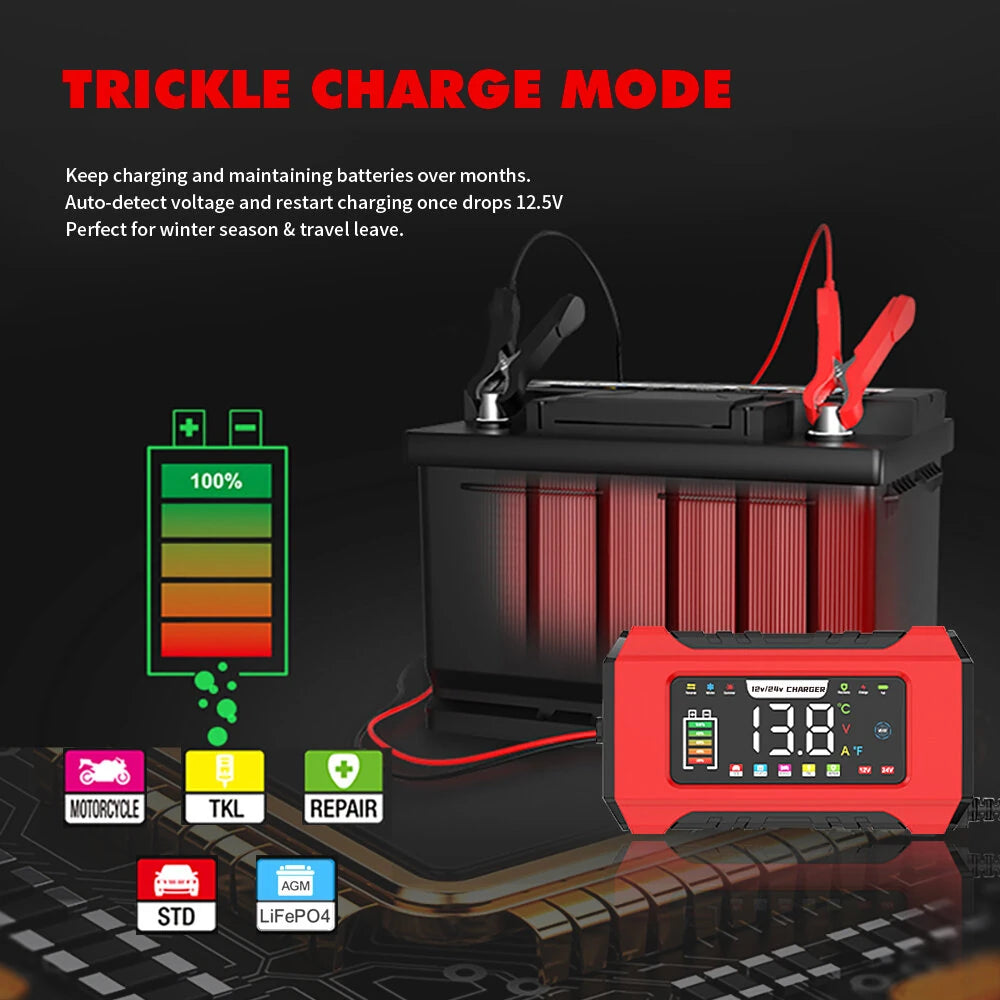 RJtianye 9 Stage Charging 12V 15A / 24V 8A Large Color Screen Battery Charger Trickle Charge Mode for 12V 2Ah-200Ah / 24V 2Ah-100Ah LiFePO4 Lead Acid Battery
